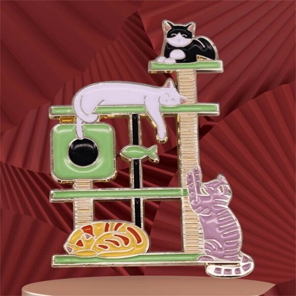 Cat Tree Crazy Slouchy Shelf Kitty Enamel Pin Lapel Brooches On Backpack - Picture 2 of 5